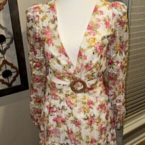 Lillian Floral Print Long Sleeve Deep V-Neck Cut-Out Tiered A-Line Dress - Picture 5 of 8